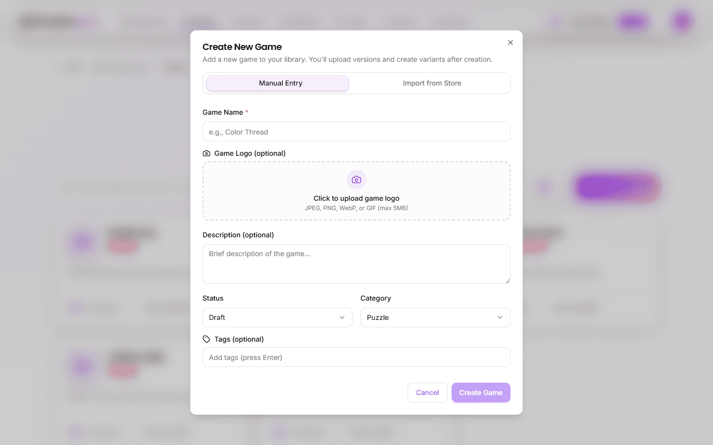 Create Game Dialog